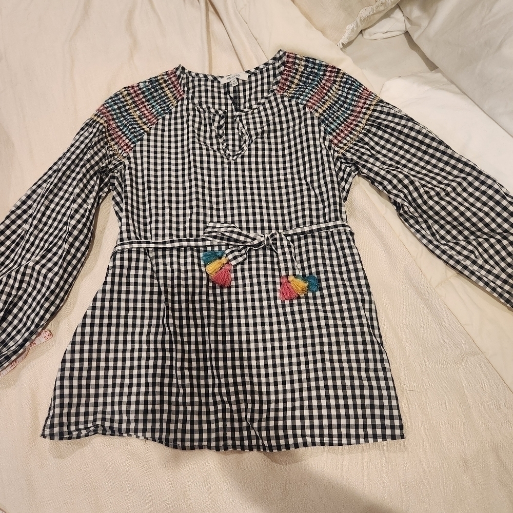 MADEWELL black and white gingham embroidered detail top with waist tie - Picture 7 of 15